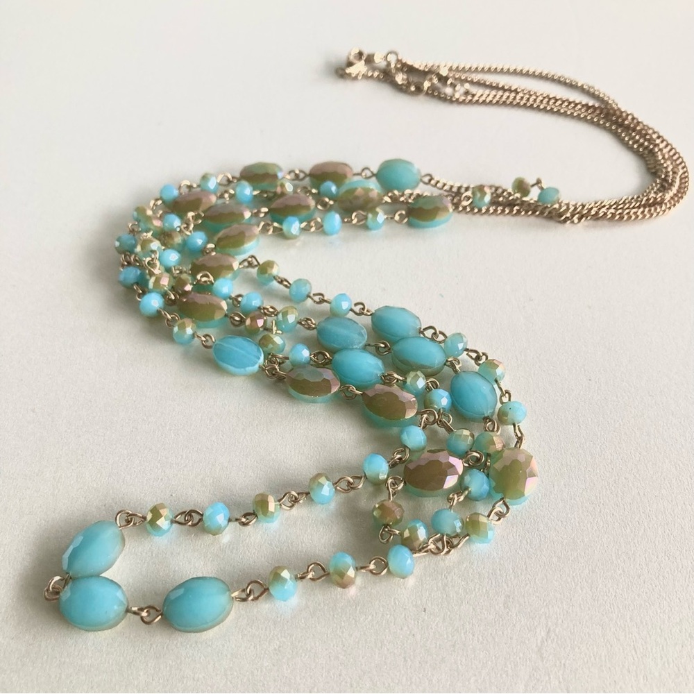 2 Gold tone-Accent Aqua Beaded Long preloved Necklace - Picture 4 of 8